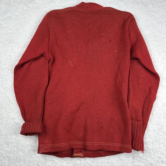 Vintage Wool Cardigan Sweater Distressed Brick Red Primitive 40s Varsity USA - Picture 14 of 16